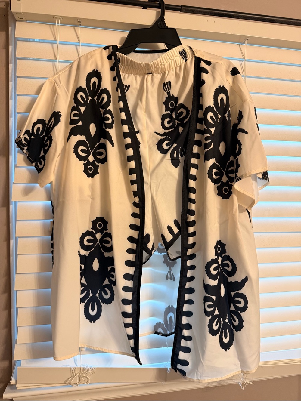 White Open-Front Embroidered Kimono Cardigan with Black Motifs